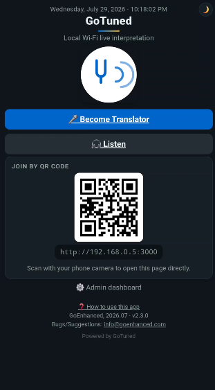 GoTuned home screen with QR code to join