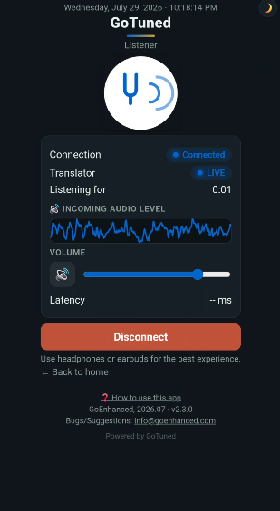 GoTuned listener screen receiving live audio