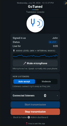 GoTuned translator console while broadcasting live